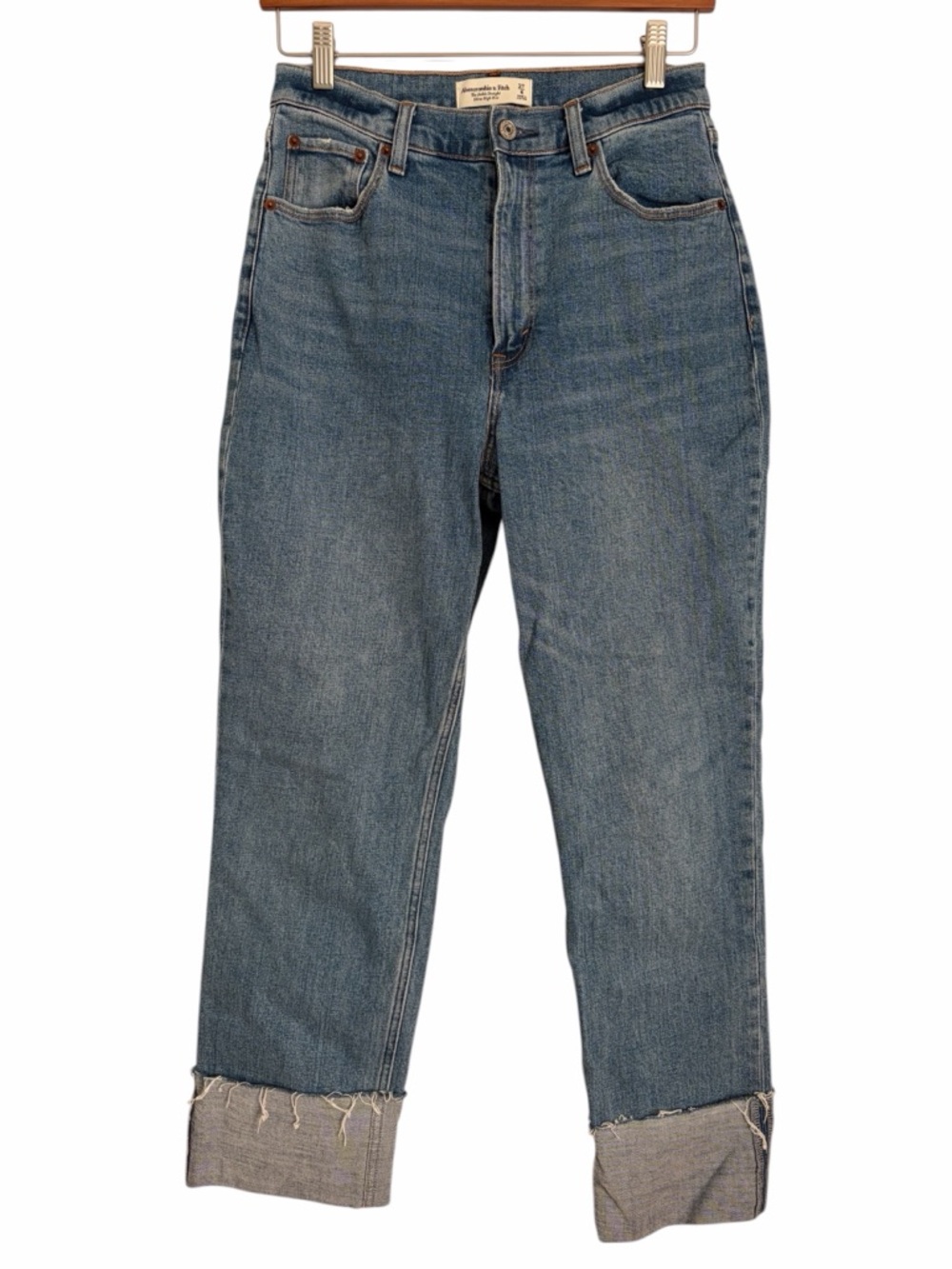 Abercrombie & Fitch Ultra High Rise Straight Jeans 27 Ankle Raw Hem Cuffed